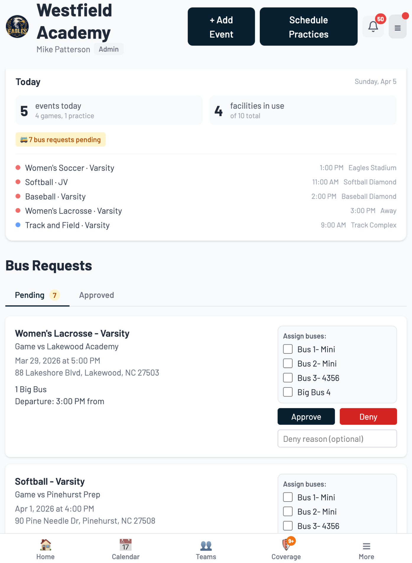 AthSync bus request approvals dashboard
