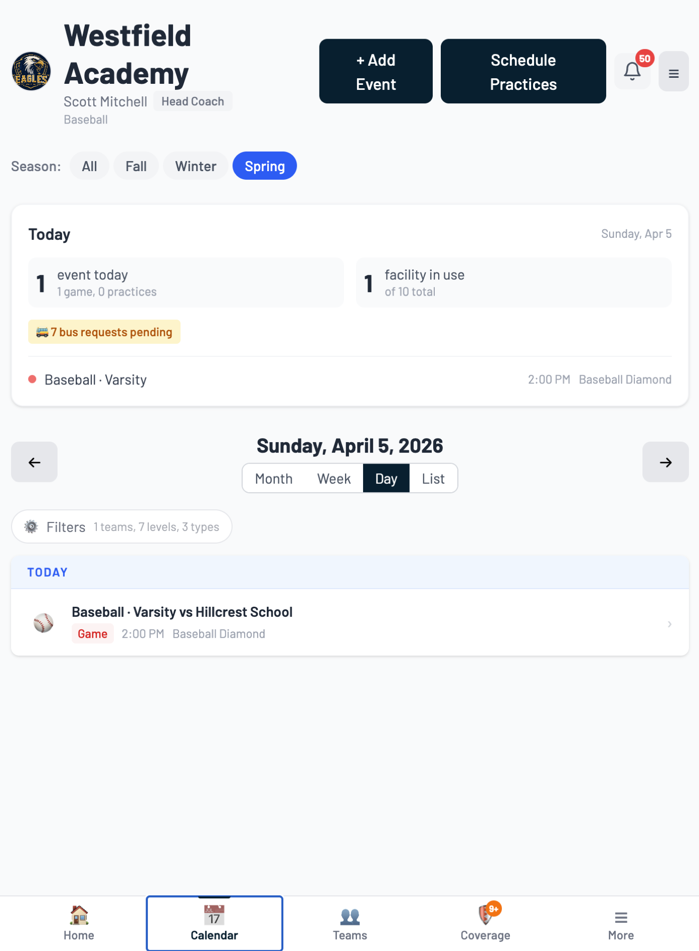 AthSync coach view scoped to their team