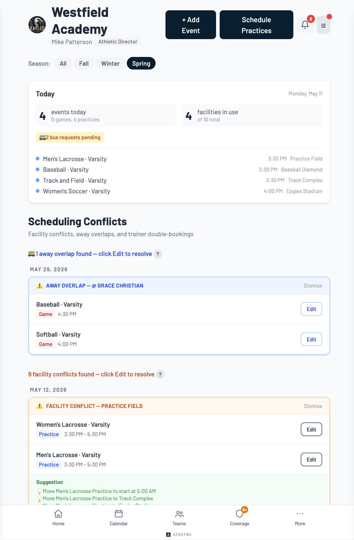 AthSync Conflict Detection showing facility conflicts, away overlaps, and trainer double-bookings with suggested resolutions