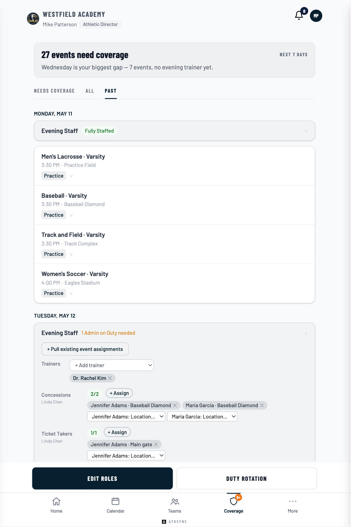 AthSync Coverage Hub showing per-game trainer and volunteer staffing coverage
