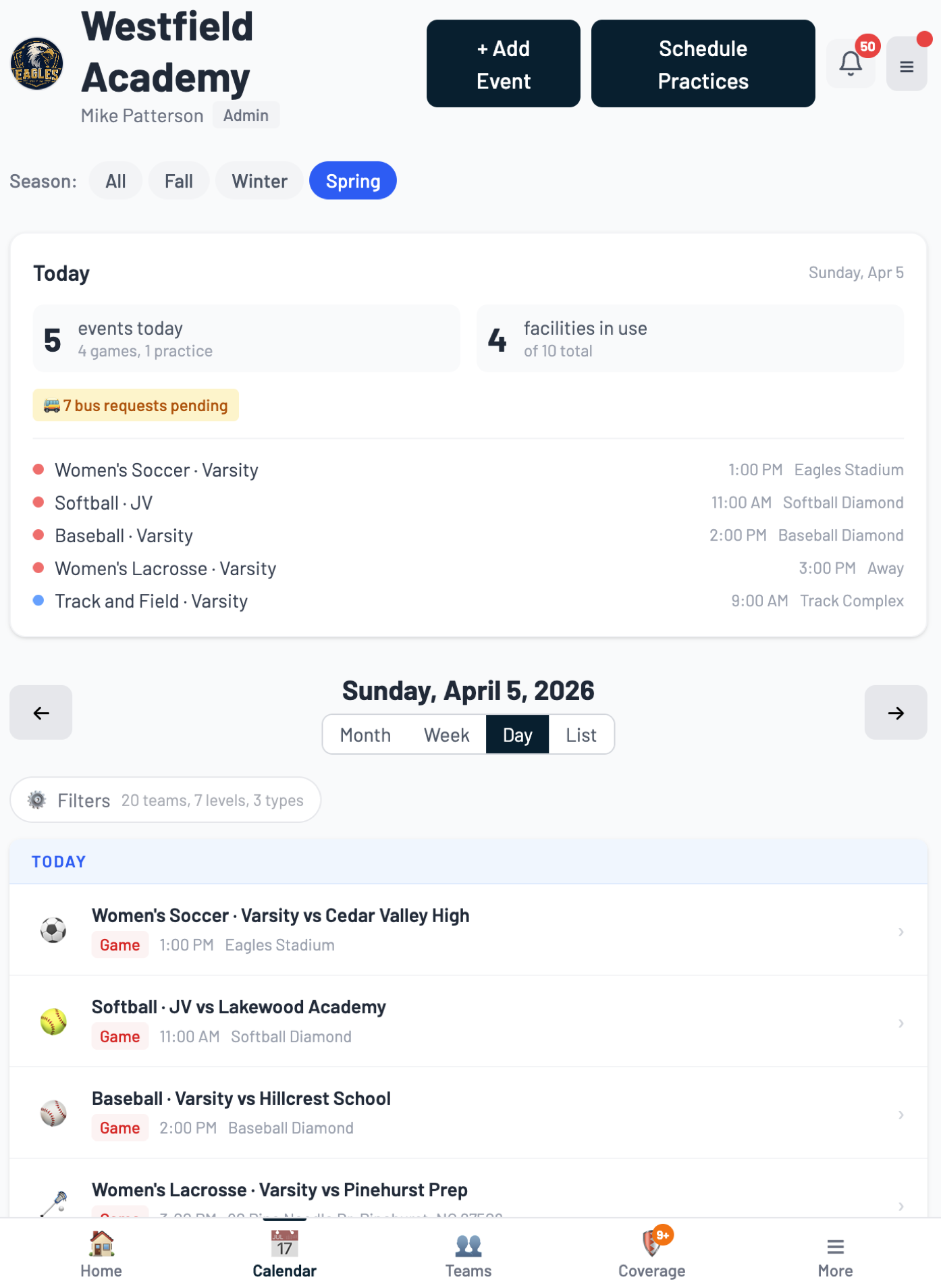 AthSync admin calendar view showing today's events
