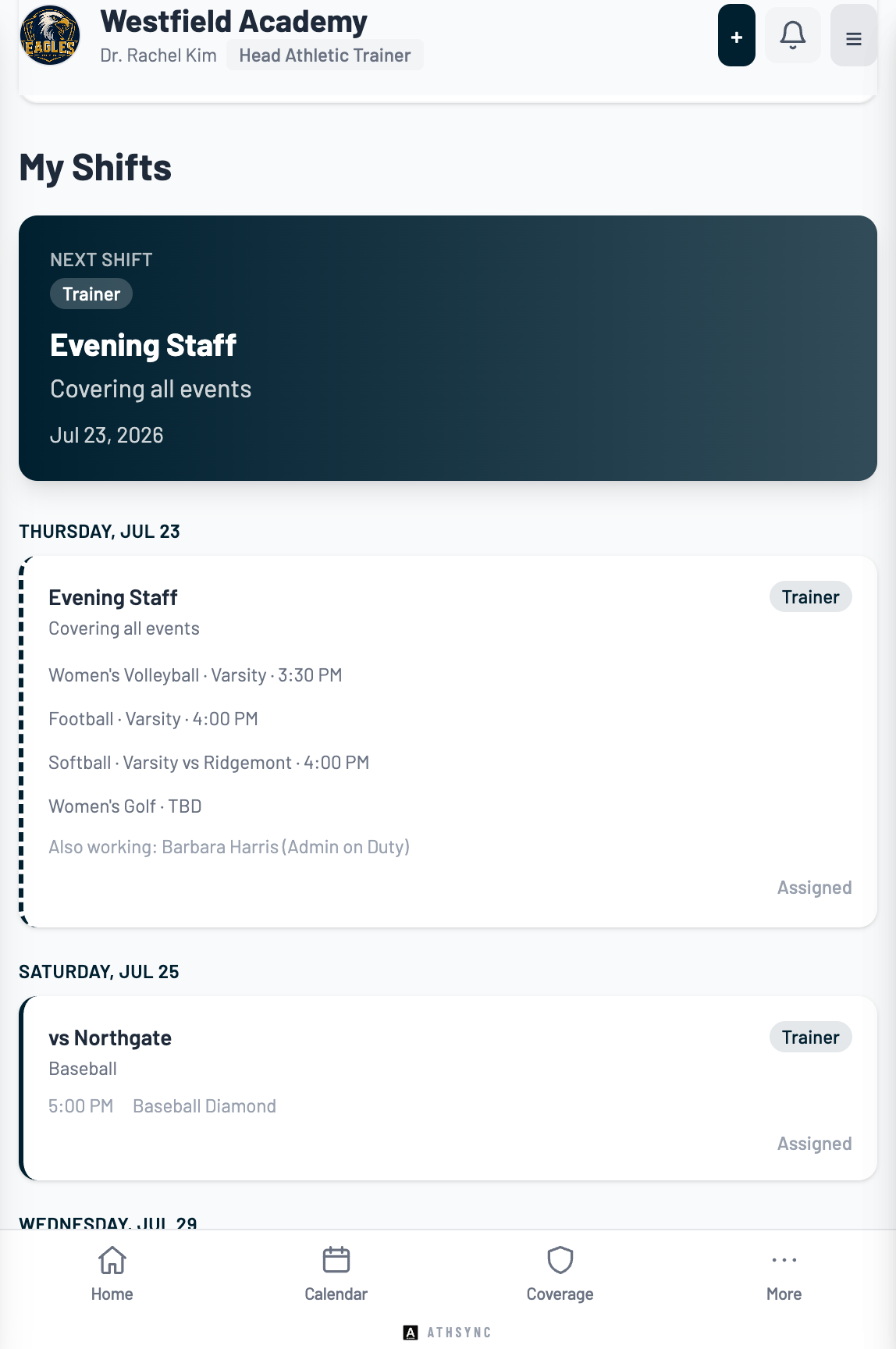 AthSync trainer view showing assigned shifts and coverage
