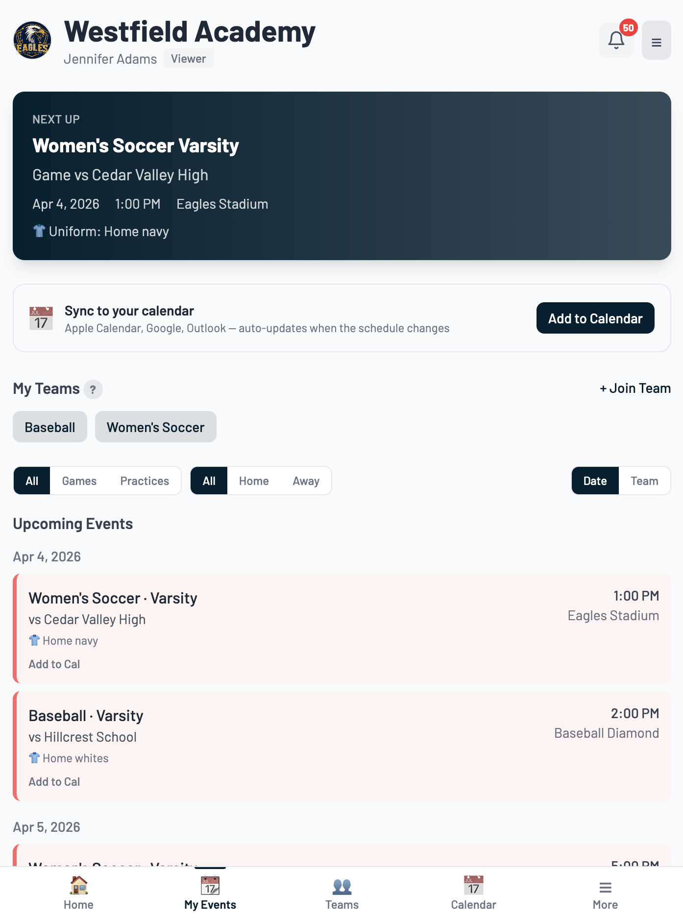 AthSync parent view with upcoming events and calendar sync